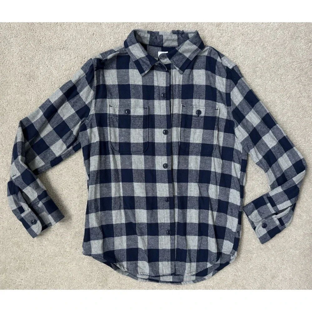 Gap Boys 8 Navy/Gray Plaid 100% Cotton Flannel Button Down Collared Shirt